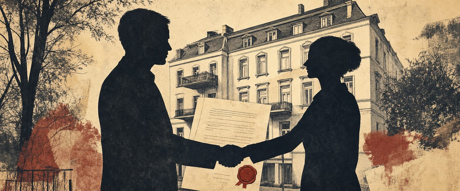 Elternbürgschaft für die Wohnung — symbolische Darstellung einer Bürgschaftsvereinbarung vor einem deutschen Wohngebäude