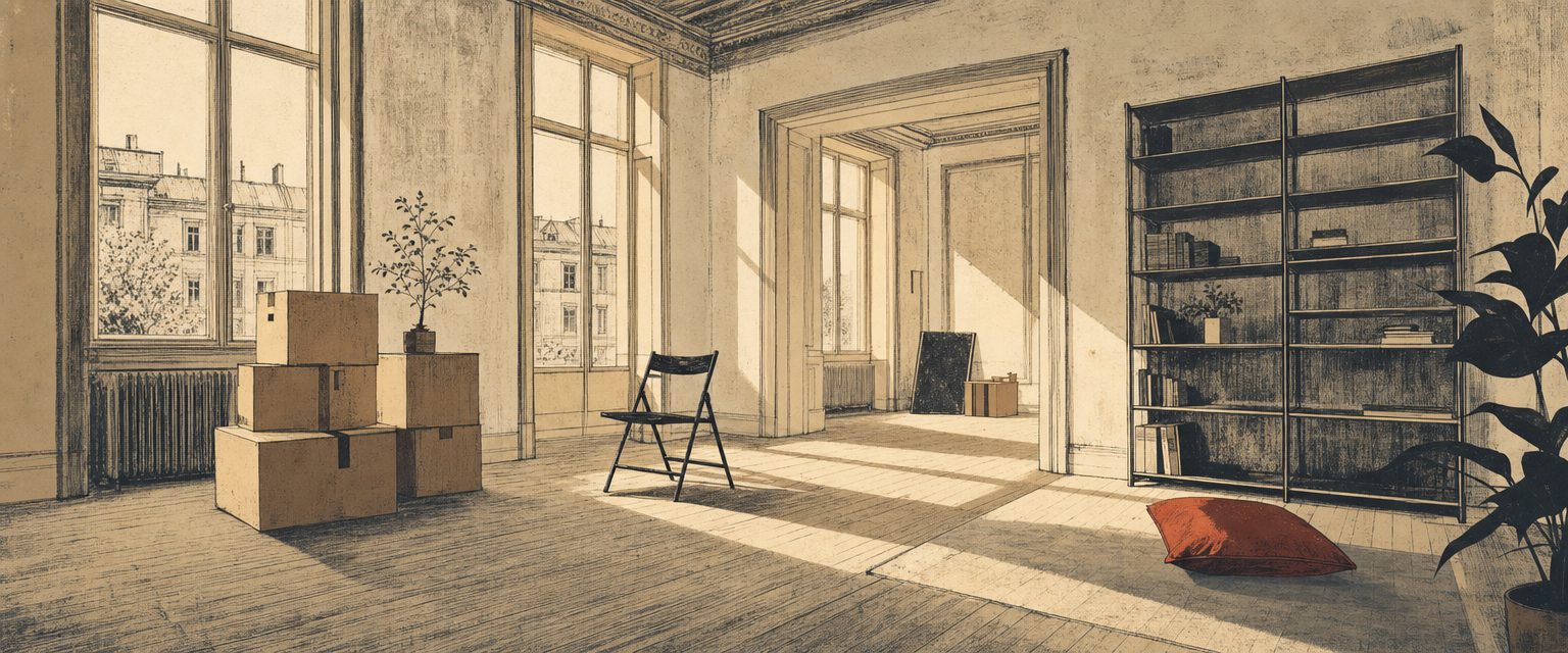 Erstausstattung Wohnung — helles, leeres Apartment mit Umzugskisten und warmem Tageslicht als Zeichen eines Neubeginns
