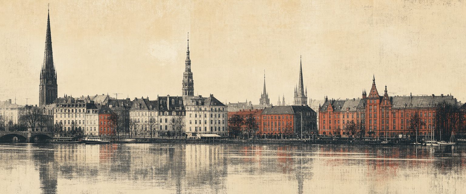Hamburg Stadtansicht mit klassischer Backstein-Architektur und Alsterreflexion — illustrative Darstellung für den Wohnratgeber Hamburg