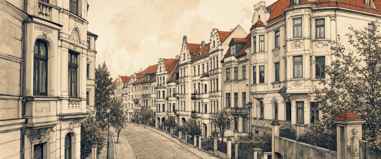 Deutsche Wohngegend — redaktionelle Illustration einer Gründerzeit-Straße mit charakteristischen Altbau-Fassaden im Weimar-Civic-Stil