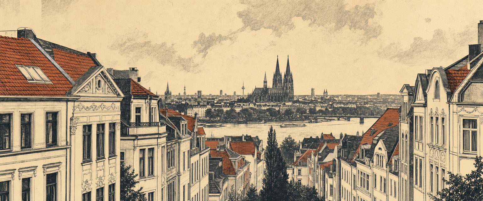 Köln Altbau Wohngebäude mit Dom im Hintergrund — WBS und Sozialwohnungen in Köln