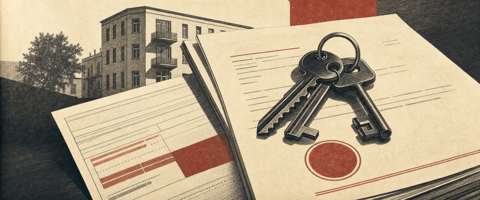 Mietkaution vom Jobcenter — illustrative Darstellung: Wohnungsschlüssel auf Mietvertragsdokument mit amtlichem Stempel