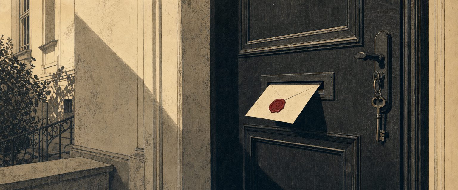 Mietvertrag kündigen — illustrative Darstellung: Wohnungstür mit Briefkastenschlitz und offiziell versiegeltem Kündigungsschreiben